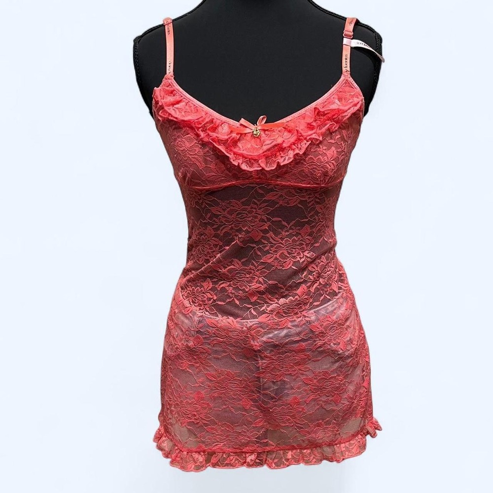 Daisy Fuentes Coral Pink Floral Lace Open Back Ruffle Chemise Nightgown Medium